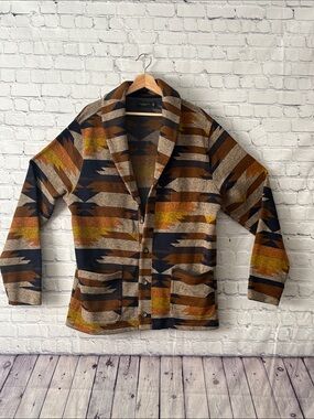 Southwestern Print Button Cardigan Jacket - Rust, Navy, Beige